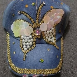 Denim Women's Adjustable Baseball Style Cap w/Butterfly Applique & Gold Accents